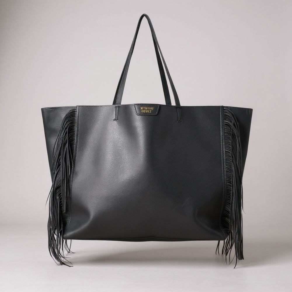 🖤 Victoria’s Secret Large Black Faux Leather Fringe Tote Bag
